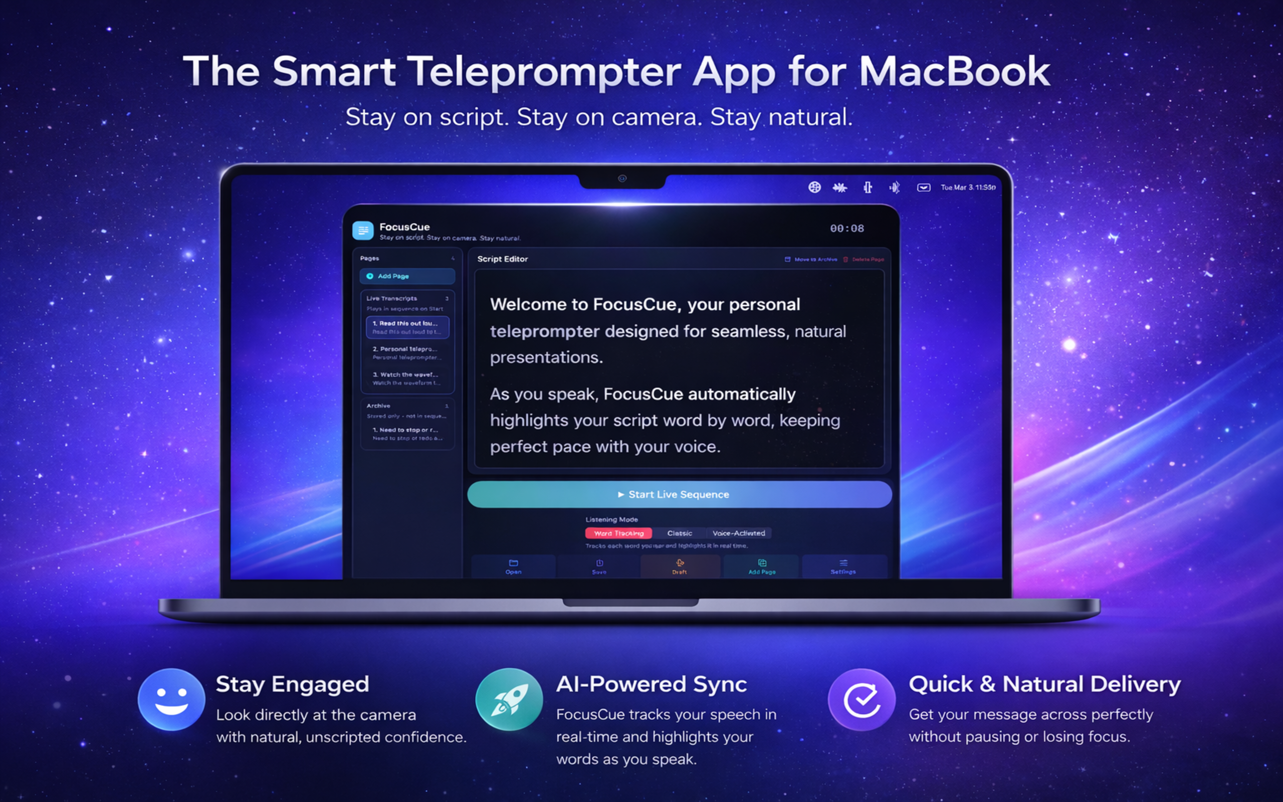 FocusCue workspace showcasing professional-grade presentation controls on macOS.