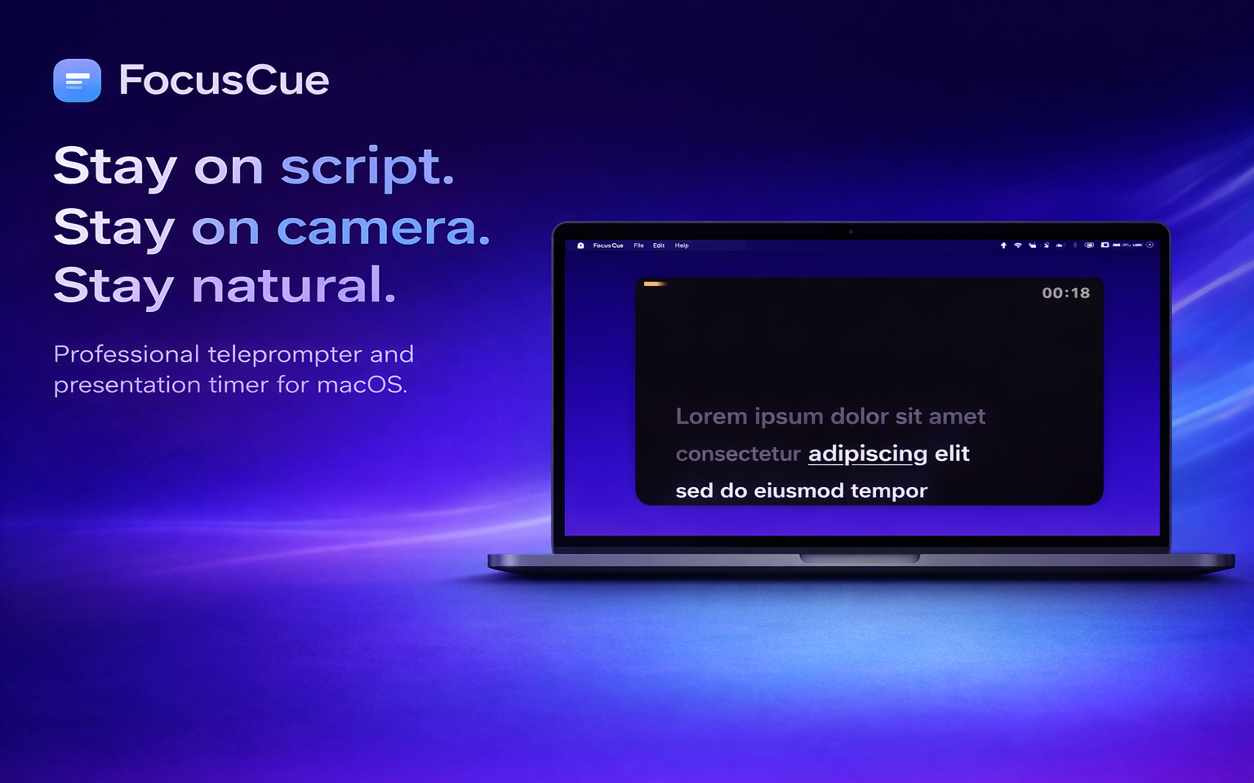 FocusCue teleprompter interface showing readable text near the camera.