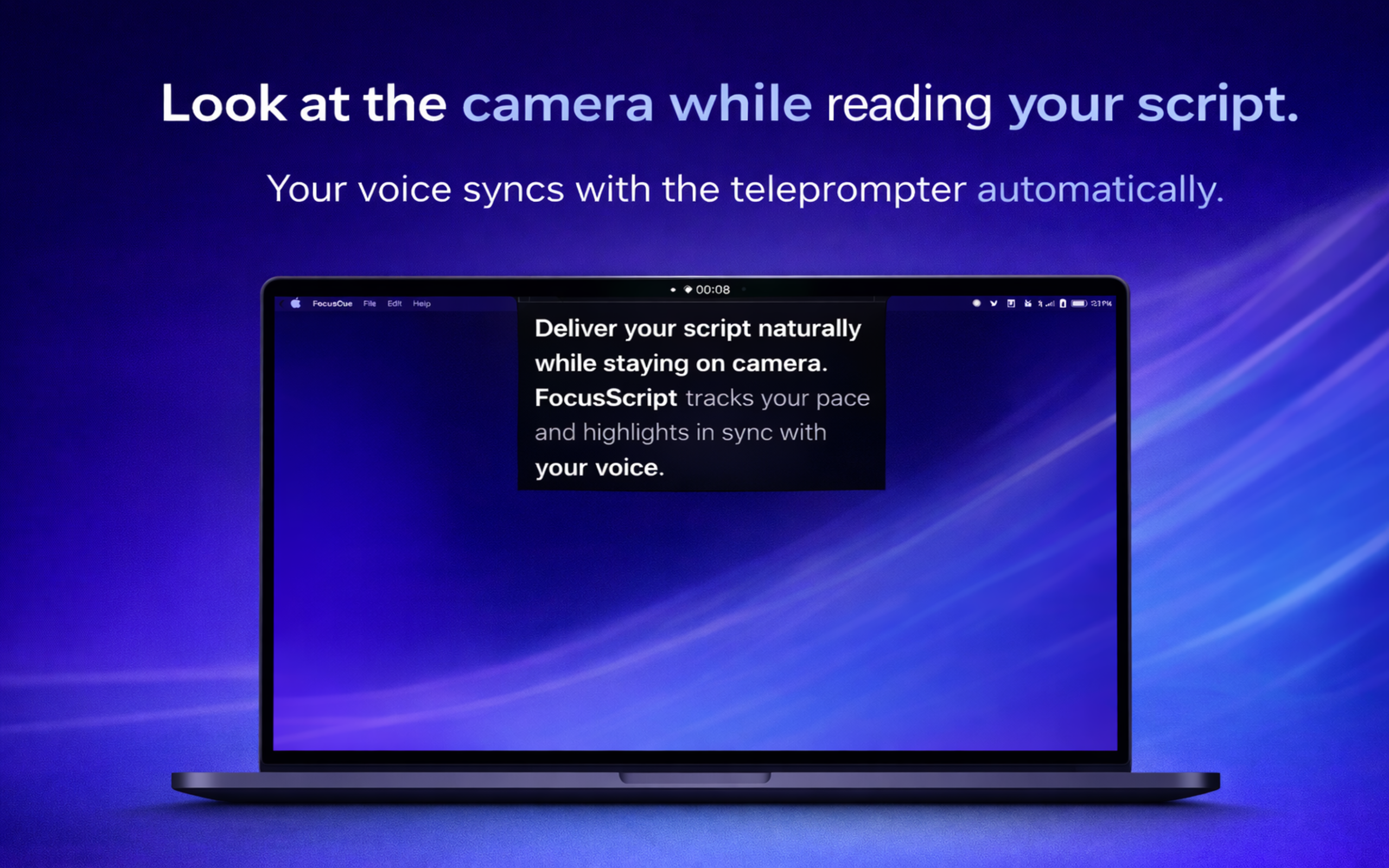 FocusCue featured on a MacBook with camera-first teleprompter benefits.