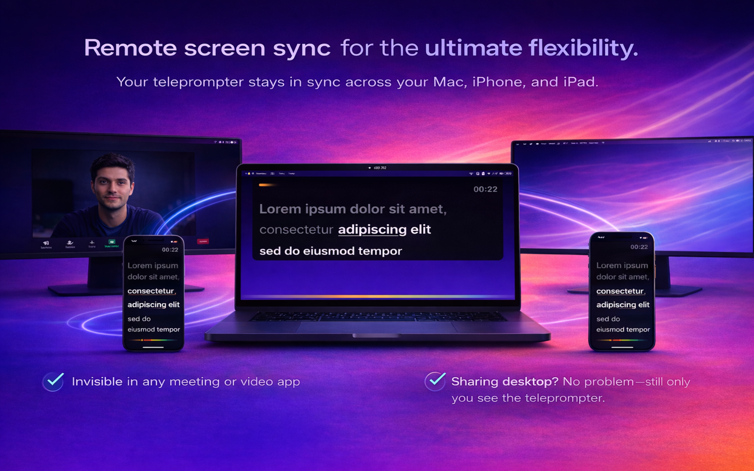 FocusCue syncing teleprompter output across a Mac and companion devices over local network.