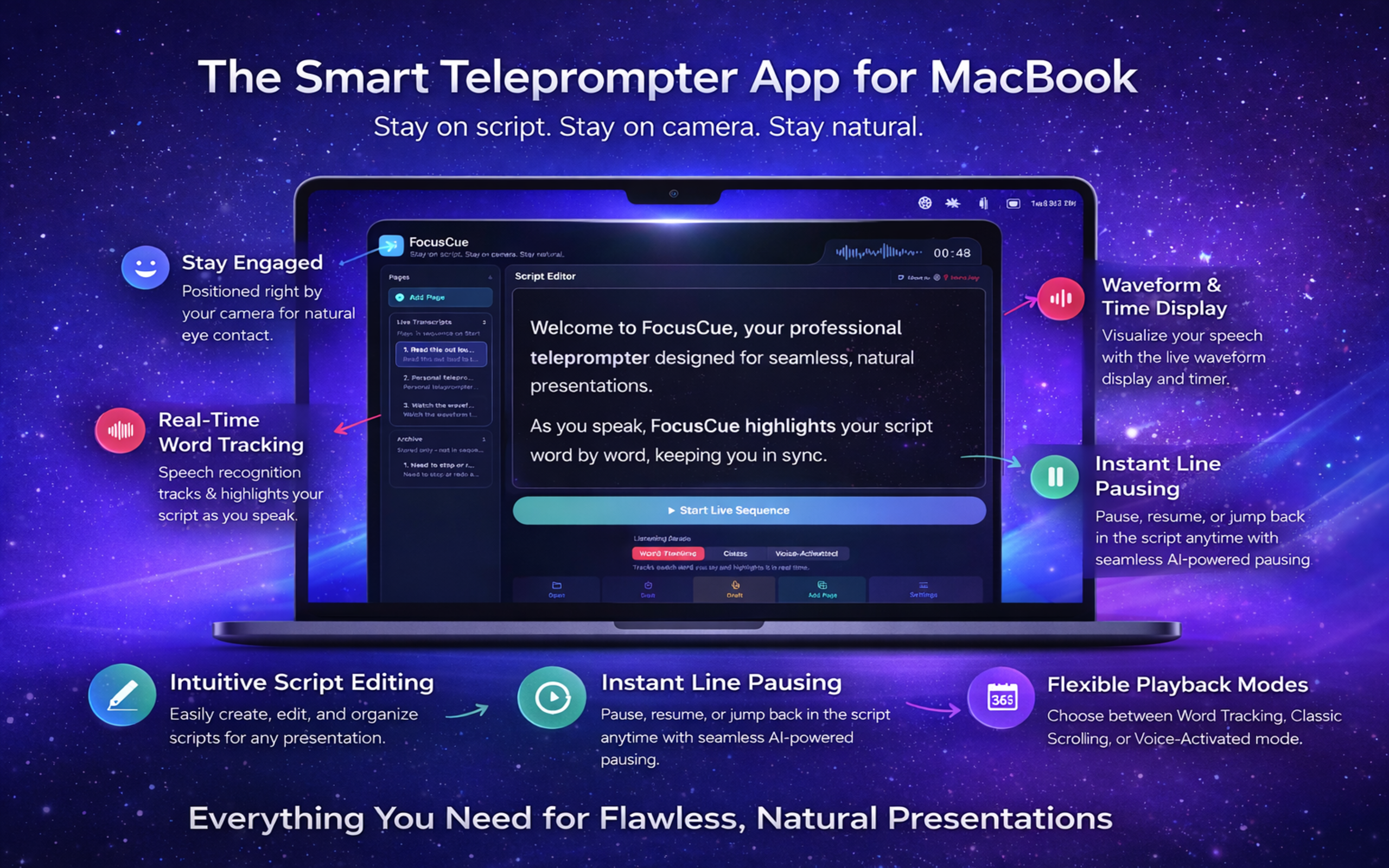 FocusCue smart teleprompter view summarizing AI-powered sync and quick natural delivery.