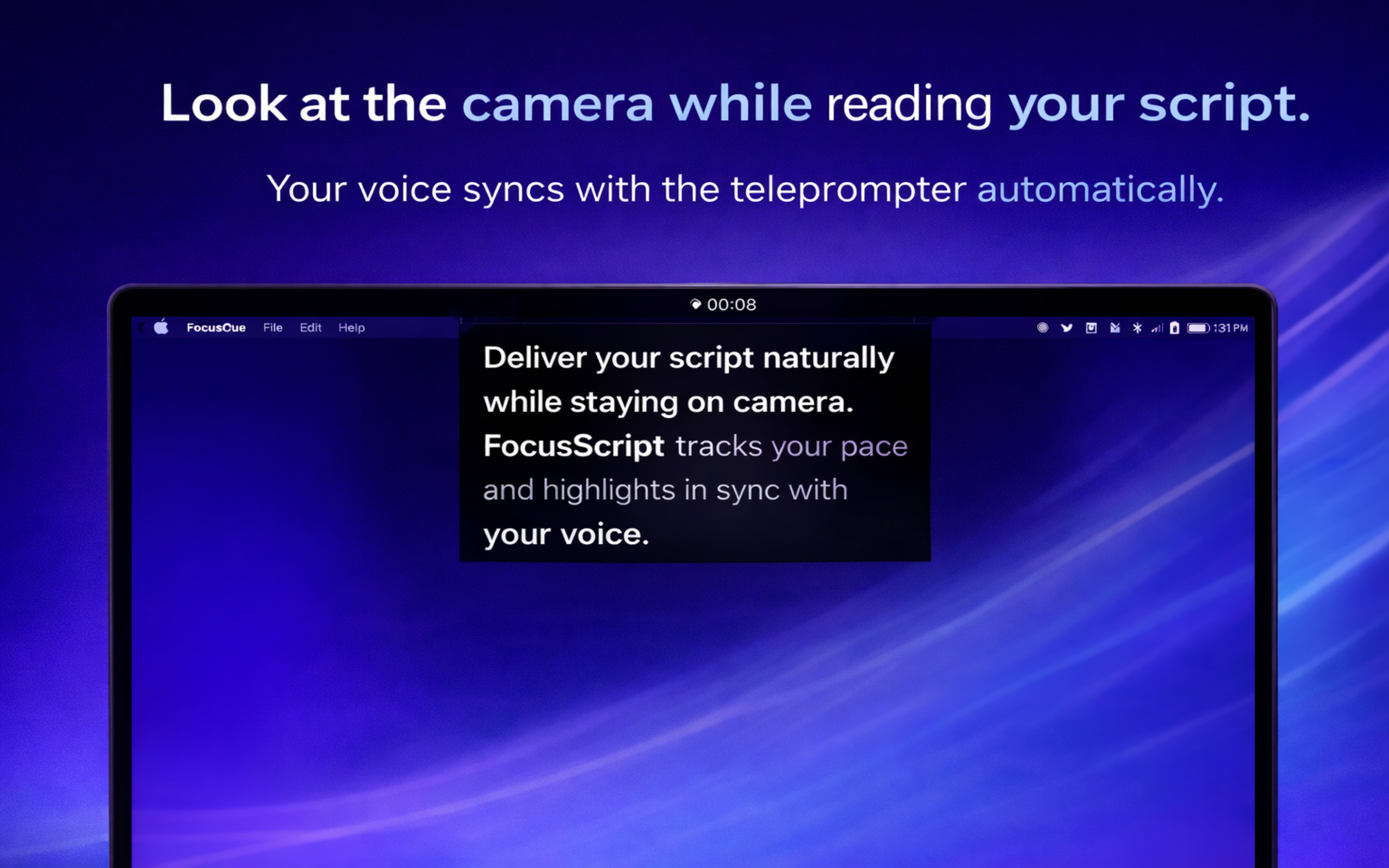 FocusCue showing a voice-synced teleprompter near the camera for natural delivery.